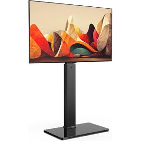 FITUEYES Universal Floor TV Stand Swivel Mount Height Adjustable for 27 32 55 65 70 inch Flat and Curved Screen TVs, Tempered Glass Base Black TV Stands with Cable Management Modern (White)