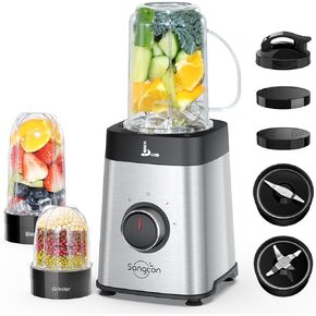 Sangcon Blenders and Food Processor Combo for Kitchen, 5 in 1 Blender for Shakes and Smoothies, Meat Chopped, Grinding & more, 40 oz Jar & 17oz Cup with To-Go Lid, Stainless Steel Silver