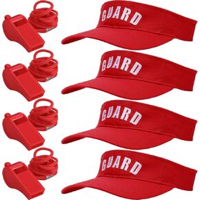 Tigeen 4Pcs Professional Guard Hat 4Pcs Emergency Whistles with Lanyard Guard Visor Loud Safety Plastic Whistle for Men Women (Red)