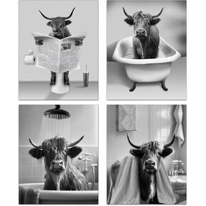 Funny Highland Cow Bathroom Wall Art Prints, Vintage Black and White Rustic Style Cute Bathroom Cow Canvas Art Prints for Bathroom Restroom Decor, Farmhouse Wall Decor, 4-Set (8"x10" Unframed)