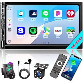 7“ Double DIN Car Stereo with Wireless Apple CarPlay Android Auto, Car Radio Bluetooth 5.2, IPS 1024 600 Touch Screen, Backup Camera, FM Radio, Subwoofer, USB,SWC, MIC, Car Audio Receiver,Car Play