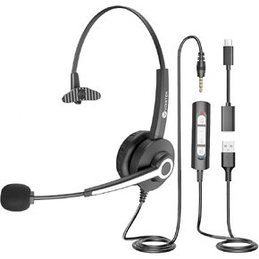 PC Headset with Mic, 3.5mm/USB C/USB Headphones with mic, Computer Headphones with Microphone Noise Canceling and in-line Control, for Teams Meetings Skype Zoom or at Home, All Day Comfort