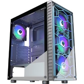 ATX PC Case 4 RGB Fans(Fix Color) Pre-Installed, USB 3.0 ATX Gaming PC Case, Tempered Glass Mid Tower Computer Case, Black,R7