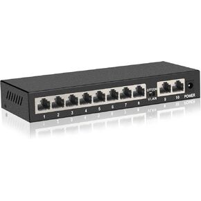 10 Port Gigabit Switch, 8 Gigabit Ports + 2 Gigabit Uplink Ports, Unmanaged Ethernet Switch, Internet Switch Network Switch with AI Detection VLAN Mode | Plug and Play| Fanless Metal Design