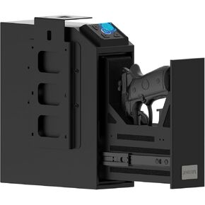 Biometric Gun Safe, Mounted Handgun Safe for Nightstand Bed Side Hidden Gun Storage in Wall Quick Access Bedside Slider Pistols Safes for Handguns with Fingerprint, Keypad, Pistol