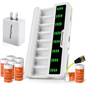 Pickle Power 8 Pack 123A Lithium Batteries, 3.7V 800mAh Batteries with 8-Slots Charger for Arlo Security Camera(VMK3200/VMC3030/VMS3330/3430/3530) and Flashlight