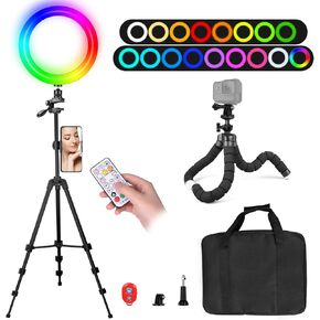 مصباح حلقي EMART مقاس 10 بوصات مع حامل ثلاثي الأرجل قابل للتمديد مقاس 55 بوصة، و16 لونًا من مصابيح RGB لكاميرا السيلفي للتصوير الفوتوغرافي والمكياج وفيديو YouTube ومدونات الفيديو والبث المباشر in Kuwait