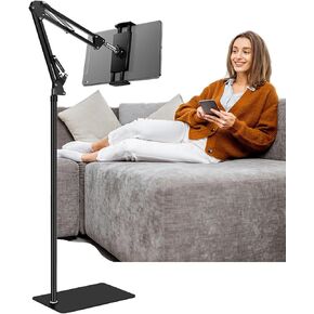 iPad Tablet Floor Stand, Overhead Phone Mount - Adjustable Angle Height Stretchable Arm Swivel Kindle Holder, Compatible with iPad Mini Air Pro Kindle Switch Cell Phones 4.7''-13'' Screen Devices