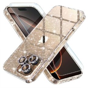 Choiche Compatible for iPhone 16 Pro Case, Women Cute Clear Glitter Bling Sparkly Case, [3 x Diamond Camera Lens Protectors] [2 x Tempered Glass Screen Protectors] 6.3-inch (Glitter Clear)