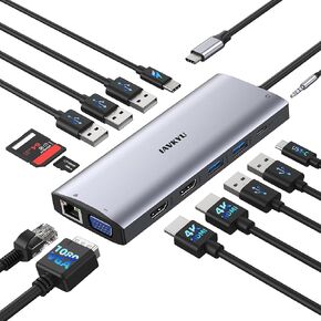 Triple 4K USB-C Docking Station, Single DisplayPort Up to 8K@30Hz/ 4K@144Hz/ 4k@120Hz, 14-in-1 USB C Hub with 7 USB Ports, 100W PD, HDMI, Ethernet, Audio - Compatible with Windows USB-C Laptops