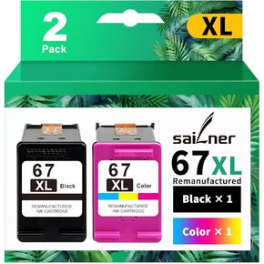 SAILNER Remanufactured Ink Cartridge Replacement for HP Ink 67 67XL 67XXL Ink Cartridge Black/Color Combo Pack for DeskJet 4155e 2755e 4155 2700 Envy 6055 Printer (1 Black, 1 Tri-Color, 2 Pack)