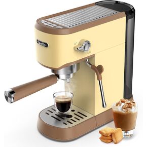 Espresso Machine 20 Bar, Professional Maker with Milk Frother Steam Wand, Compact Coffee 35oz Removable Water Tank for Cappuccino, Latte, Stainless Steel, Yellow