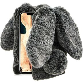 Case Compatiable with Moto G 5G 2024,Rabbit Fur Ball Case Cute 3D Homemade Diamond Winter Warm Soft Furry Fluffy Fuzzy Bunny Ear Plush Phone Case Cover for Girls Women,Dark Gray