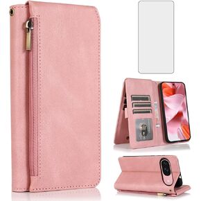 Asuwish Compatible with Google Pixel 9/9 Pro 5G Wallet Case Tempered Glass Screen Protector and Zipper Retro Leather Flip Cover Card Holder Stand Cell Accessories for Pixel9 9Pro Nine Women Rose Gold