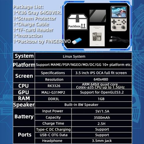 K36 Handheld Game Console 3.5-in 640*480 IPS OCA Screen 3500mAh RK3326 Opensource System Black Transparent in Kuwait