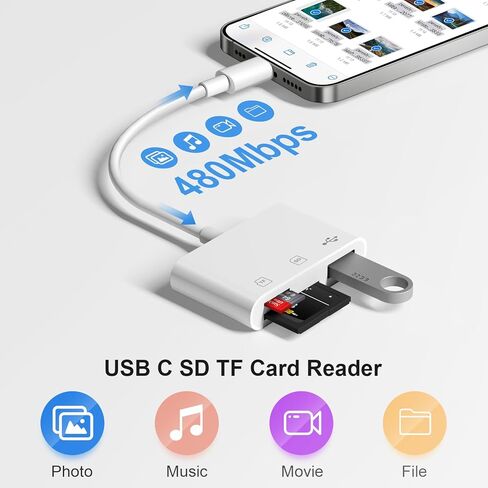 SD Card Reader for iPhone,Lightning to MicroSD/SD USB 3 Ports Memory Card Reader fo iPhone iPad/MacBook Pro/Air/Laptop/Galaxy USB SD Card Reader No App Required in Saudi Arabia