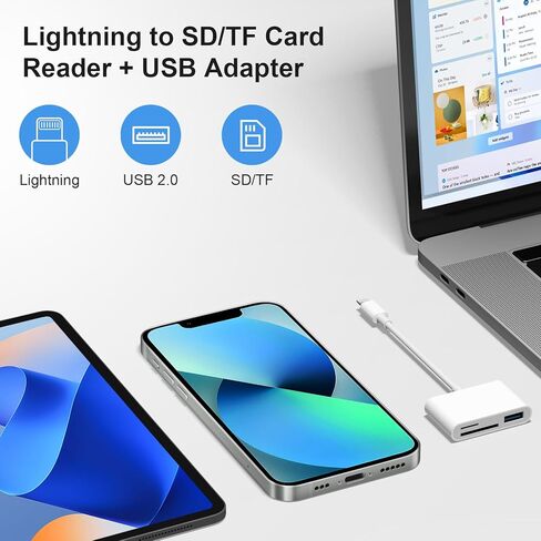 SD Card Reader for iPhone,Lightning to MicroSD/SD USB 3 Ports Memory Card Reader fo iPhone iPad/MacBook Pro/Air/Laptop/Galaxy USB SD Card Reader No App Required in Saudi Arabia