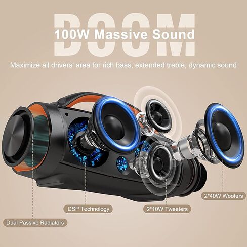 DOSS Extreme Boom Pro Bluetooth Speaker with 100W Stereo Sound, Rich Bass, IPX6 Waterproof, 20H Playtime, Power Bank, Mixed Color Light, Portable Speaker for Outdoor, Camping, Beach-Orange in Kuwait