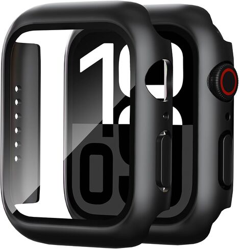 حافظة مكونة من عبوتين لواقي شاشة ساعة Apple، حافظة صلبة من البولي كربونات مع غطاء واقٍ من الزجاج المقوى، غطاء نحيف لساعة Apple لسلسلة iWatch 6/5/4/SE 2ND GEN - أسود/أسود 44 ملم in Saudi Arabia