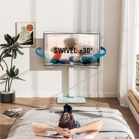 FITUEYES Universal Floor TV Stand Swivel Mount Height Adjustable for 27 32 55 65 70 inch Flat and Curved Screen TVs, Tempered Glass Base Black TV Stands with Cable Management Modern (White) in Saudi Arabia
