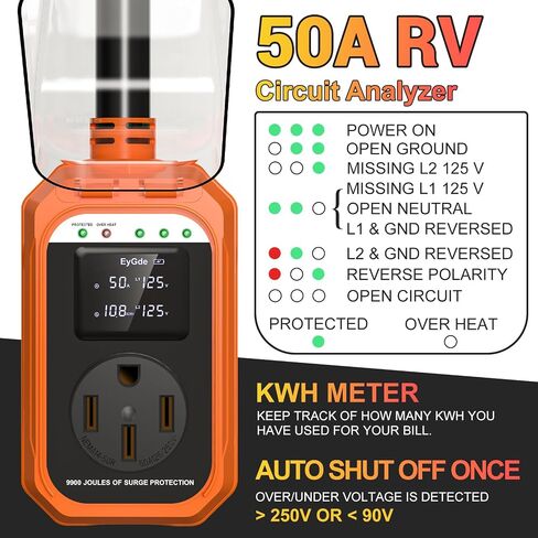 EyGde RV Surge Protector 50 Amp Waterproof - Smart 50 Amp Surge Protectors for RV with Real Time KWH, Voltage Monitor Surge Protector for Camper Travel Trailer(Orange, 50A) in Kuwait