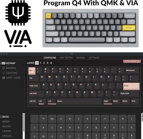 Keychron Q4 Wired Custom Mechanical Keyboard, QMK/VIA Programmable Macro, Full Aluminum, Hot-Swappable Gateron G Pro Blue Switch, 60% Layout Double Gasket Compatible with Mac and Windows - Black in Kuwait