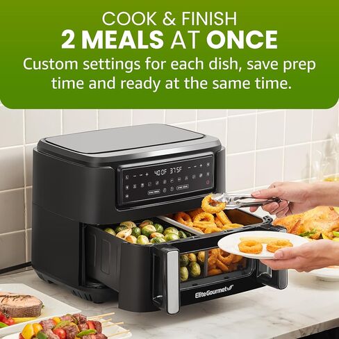 Elite Gourmet EAF1055D Dual Zone Air Fryer Oven, 11QT. Capacity with Divider 2 Independent Cook Zones, Dishwasher Safe Basket, 10 Preset Functions, 1600-Watts, with Recipe Booklet, Black in Saudi Arabia