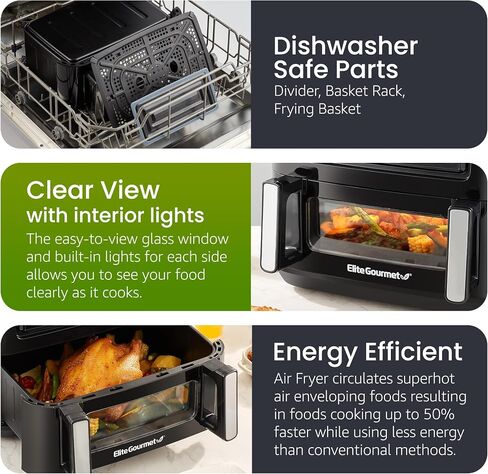 Elite Gourmet EAF1055D Dual Zone Air Fryer Oven, 11QT. Capacity with Divider 2 Independent Cook Zones, Dishwasher Safe Basket, 10 Preset Functions, 1600-Watts, with Recipe Booklet, Black in Saudi Arabia