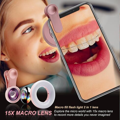 Macro Lens for iPhone and Android with Mini Clip Ring Light, Portable Rechargeable Dimming, for Smart Phone Photography, Camera Video Recording, VLOG in Kuwait
