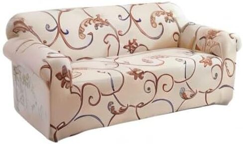 Qubjus Stretch Sofa Cover Printed Couch Cover Patterned with One Separate Cushion Cover Oversized for 4 Cushion Couches Sofas Washable Elastic Universal Furniture Protector(X-Large,Beige Flower) in Kuwait