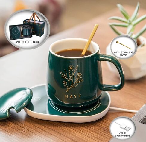 جهاز تدفئة كوب القهوة مع كوب (سيراميك) (كابل USB) ومجموعة تدفئة أكواب للمكتب مع لوحة تسخين تلقائية بمستشعر الجاذبية للمنزل والمكتب هدية شاي الحليب (تشمل الكوب) HAYY (أخضر) in Saudi Arabia