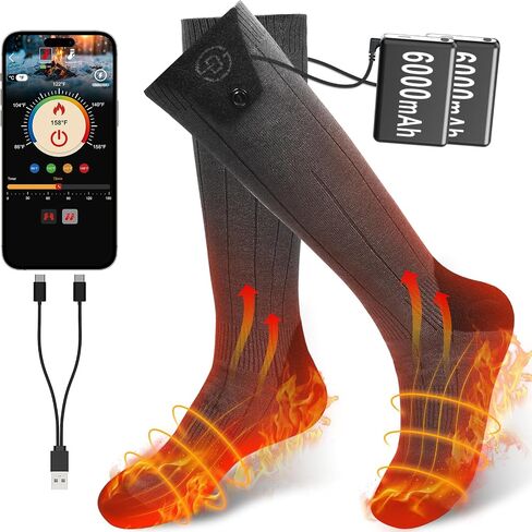 Heated Socks for Women Men, 6000mAh Rechargeable Battery Foot Warmer Hiking Socks Up to 10 Hours, APP-Controlled Electric Heated Socks with 4 Heating Levels for Hunting Camping Skiing in Saudi Arabia
