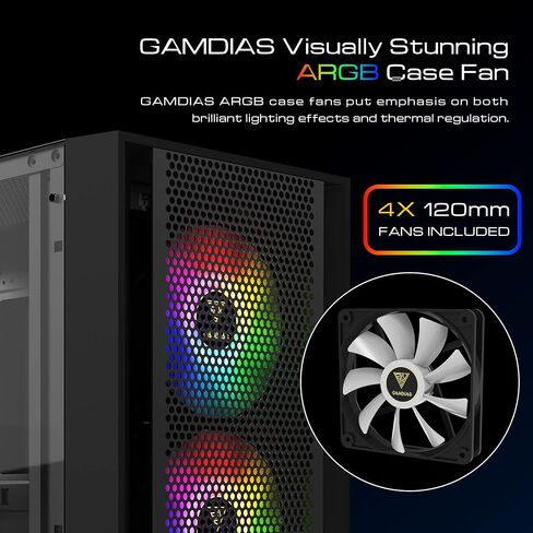 حافظة كمبيوتر ألعاب GAMDIAS ATX Mid Tower مع زجاج مقسى جانبي، مراوح حافظة ARGB 4X 120 مم ومزامنة مع اللوحة الأم 5V RGB وتدفق هواء ممتاز in Kuwait