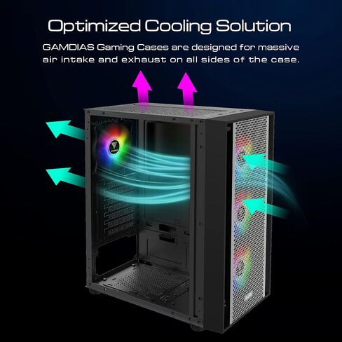 حافظة كمبيوتر ألعاب GAMDIAS ATX Mid Tower مع زجاج مقسى جانبي، مراوح حافظة ARGB 4X 120 مم ومزامنة مع اللوحة الأم 5V RGB وتدفق هواء ممتاز in Kuwait