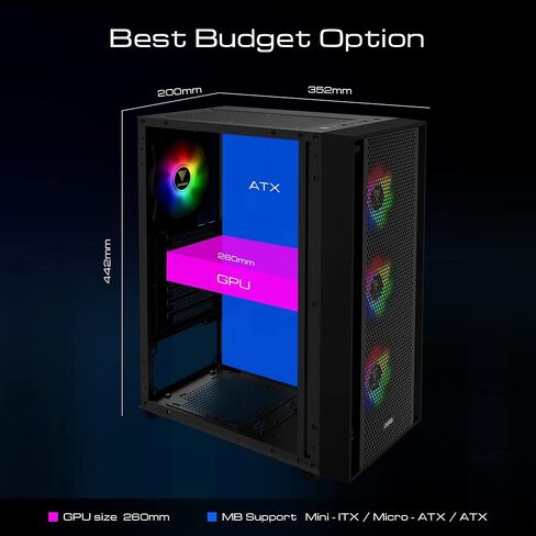 حافظة كمبيوتر ألعاب GAMDIAS ATX Mid Tower مع زجاج مقسى جانبي، مراوح حافظة ARGB 4X 120 مم ومزامنة مع اللوحة الأم 5V RGB وتدفق هواء ممتاز in Kuwait