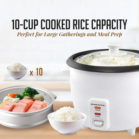 OVENTE Electric Rice Cooker with Food Steamer Basket, Automatic Keep Warm Function, Makes up to 10 cups Cooked (5 cups Uncooked) White, RCS01W in Kuwait