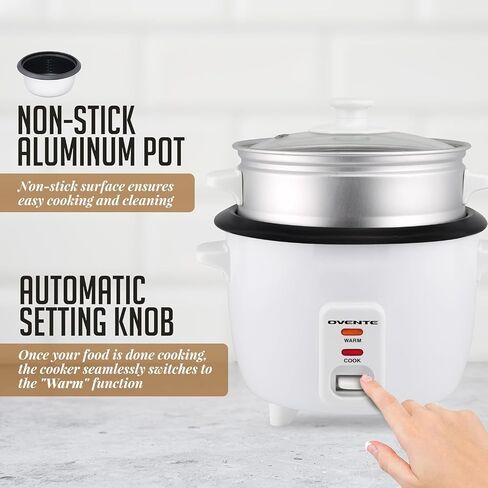 OVENTE Electric Rice Cooker with Food Steamer Basket, Automatic Keep Warm Function, Makes up to 10 cups Cooked (5 cups Uncooked) White, RCS01W in Kuwait