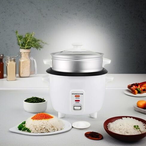 OVENTE Electric Rice Cooker with Food Steamer Basket, Automatic Keep Warm Function, Makes up to 10 cups Cooked (5 cups Uncooked) White, RCS01W in Kuwait