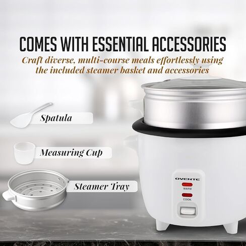 OVENTE Electric Rice Cooker with Food Steamer Basket, Automatic Keep Warm Function, Makes up to 10 cups Cooked (5 cups Uncooked) White, RCS01W in Kuwait