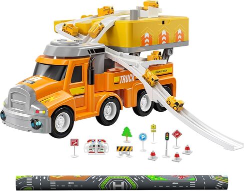 TEMI Construction Truck Kids Toys for 3 4 5 6 Year Old Boys, Toddler Car Adventures Toys for Girls, Car Carrier Toy with 8 Vehicles, Movable Truck Station Toys, Birthday Gifts for Kids Age 3-8 in Saudi Arabia