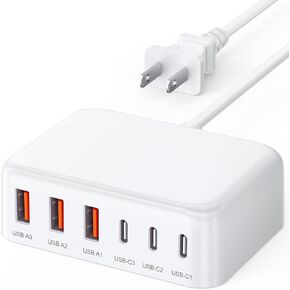 USB C Charger Block, 100W GaN 6 Port PD USB C QC USB A Wall Charger Adapter Plug Cube, Super Fast Type C Charging Station Hub for iPhone 16 15 14 13 12 Pro Max iPad Samsung Pixel 5ft Extension Cord