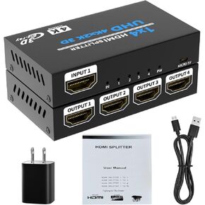 HDMI Splitter 1 in 4 Out, HDMI Splitter Audio Video Distributor Box with AC Adaptor Support 3D & 4K x 2K Compatible for HDTV, STB, DVD, PS3, Projector Etc