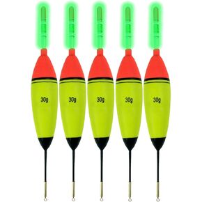 QualyQualy 5Pcs Lighted Fishing Bobbers EVA Foam Fishing Floats and Bobbers + 10Pcs Fishing Glow Sticks, Night Fishing Light Up Bobbers
