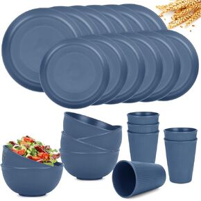 Reusable Plastic Dinnerware Sets for 6, Wheat Straw Microwave Safe Cups Plates and Bowls Set, Unbreakable Kitchen Dish Set for RV Camping Picnic Dorm, 24 Pcs, Black