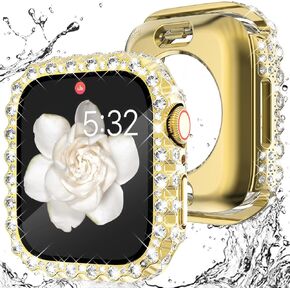 WINGLE 2 in 1 Waterproof Case for Apple Watch 45mm Screen Protector Case Series 9 8 7, Bling Lace Edge Diamond Face Cover Full Glitter Rhinestone Protective Bumper for iWatch Women, 45 mm Clear