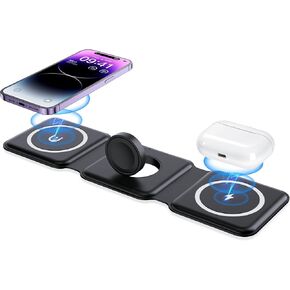 Wireless Charger, Magnetic Foldable 3 in 1 Mag-Safe Charger, Fast Travel Wireless Charging Station for iPhone 15/14/13/12/ Series,for iWatch,for AirPods (Adapter Included)