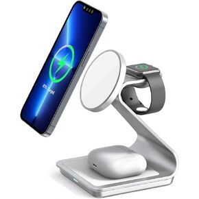 3 in 1 Wireless Charger for MagSafe, Aluminum Alloy Wireless Charging Station, Compatible with iPhone 14/13/12, Apple Watch, AirPods Pro/3/2 (Silver)