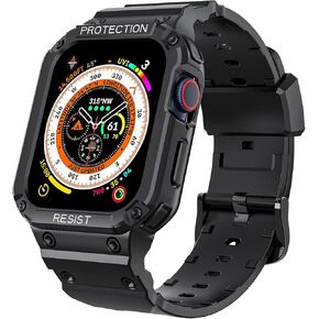 For Apple Watch SE SE2 Series 9/8/7/6/5/4/3/2/1 45/44/42mm Band with Case, Men Sport Rugged Silicone Adjustable Band Strap with Protective Case Smartwatch Protector (Black Anti-Scratch)