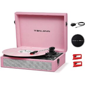 Vintage 3-Speed Bluetooth Record Player with Built-in Speakers, Retro LP Vinyl Player Portable Turntable with USB Recording, Bluetooth Music Playback, RCA/AUX/Headphone Jack, Pink