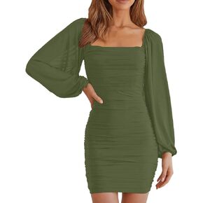 Mesh Cocktail Dresses for Women Elegant Square Neck Lantern Long Sleeve Mini Ruched Bodycon Party Dress